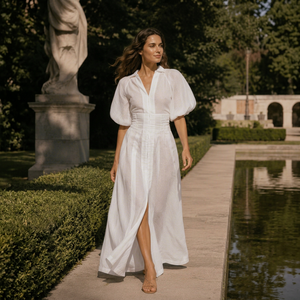 Vestido Maxi Bohemio de Lino Blanco Estilo Francés para Mujer, con Mangas Abullonadas, Cuello Mandarín, Corte Moderno, Cintura Natural y Abertura Frontal - Product Image 1