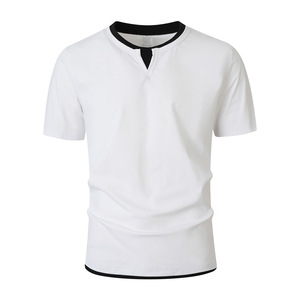 High Quality Men's Short Sleeve Casual T-<b>Shirt</b> Small V-Neck Solid Color Block Design Tshirt for Young Adult Cross-Border T <b>shirt</b> - Product Image 5