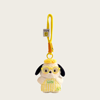 Porte-clés en peluche chiot blanc Kawaii, doux et durable, avec lunettes, chapeau et tablier, pour décoration de sac à dos, cadeau, vente en gros