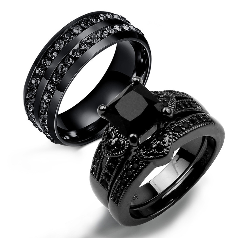 Matching Couple Rings – His & Hers Wedding Set, Black Gold Filled Square CZ Women's Ring & Men's Tungsten Carbide Band