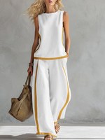 Ensemble deux pièces d'été décontracté pour femme en polyester et lin de bambou, avec gilet sans manches et pantalon large contrastant