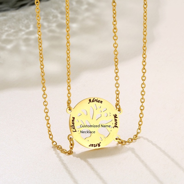TD Dropshipping Custom Engraved Tree of Life Necklace, Waterproof Stainless Steel Personalized Family Name Pendant Necklace