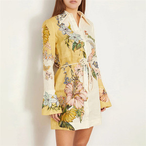 <span class=keywords><strong>Été</strong></span> Nouveau <span class=keywords><strong>Bohème</strong></span> Retro Print Mini Jupe <span class=keywords><strong>Robe</strong></span> Femmes Lapel Manches Longues Tie-Waist Button Dress - Product Image 1