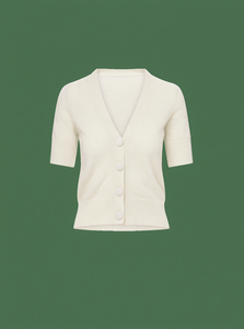 Cream <b>Short</b> <b>Sleeve</b> V-Neck <b>Cardigan</b> Solid Color Men's Regular Fit Spring Knit Sweater Button Closure - Product Image 1