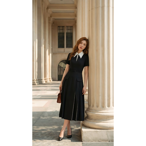 Robe midi noire pour femme, col chemise, jupe plissée et ceinture, prête à être expédiée, idéale pour le bureau, best-seller. - Product Image 1