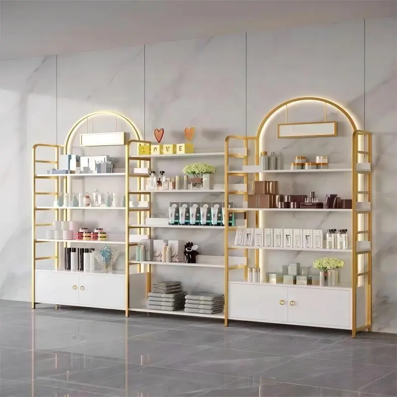 Özel Metal raf ahşap raf güzellik malzemeleri mağaza altın kozmetik mağazaları vitrin