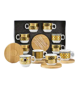 モダンで豪華な12個のトルコのコーヒーカップセットエスプレッソ磁器カップとエチオピアの木製ソーサーアラビアのコーヒーセットギフトボックス付き