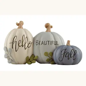 Autumn Three Hand-Painted Resin Pumpkins with 'Hello', 'Beautiful', 'Fall' Script - Perfect for Thanksgiving and Seasonal Decor