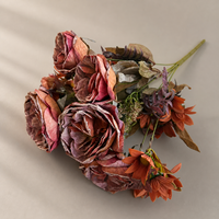 Bouquet de roses artificielles Austin vintage à bords brûlés, 9 têtes, fleurs en soie rétro, fausse composition florale mixte pour la décoration de la maison et de mariage