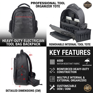 600D Water Resistant 6.7 × 14.6 × 18.3 in Electrician <b>Tool</b> <b>Backpack</b> Repair Zippered <b>Backpack</b> - Product Image 2