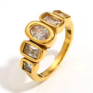 Women's 18K <b>Gold</b> Plated <b>Cocktail</b> <b>Ring</b> With Lab Created Cubic Zirconia Emerald Cut Bezel Setting Modern Geometric Design - Product Image 1