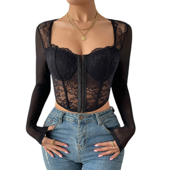 Custom supplier ladies fashion sexy lace embroidery long sleeve corset top for women corset bustier