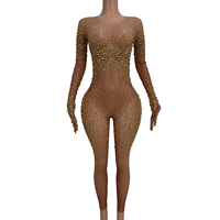 Justaucorps de danseuse de spectacle de cristal à manches longues doré combinaison moulante de boîte de nuit pour femmes combinaisons en strass de banquet de fête