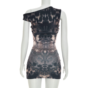Viviblook J26ST212 Ensemble d'été pour femmes, nouveau haut sans manches à épaules dénudées, mini-jupe moulante, imprimé léopard, ensemble deux pièces - Product Image 4