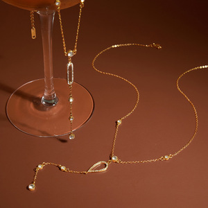 Collana con Pendente a Goccia di Diamanti, Placcata in Oro 18K, Acciaio Inossidabile con Zirconia, Elegante Catena Stratificata per Donne - Product Image 5