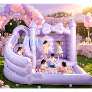 Château gonflable commercial violet pastel avec toboggan et piscine à balles tout-en-un pour location événementielle - Product Image 1