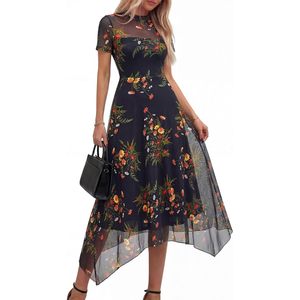 Robe de cocktail FOXA pour femme, été, manches courtes, maille florale transparente, mi-longue, coupe trapèze, col montant, en mousseline, élégante pour soirée et mariage - Product Image 2