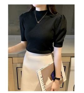 Großhandel Frauen Mädchen Short Puff Sleeve Einfarbig Stehkragen Strick Slim T-Shirt Sweater Tops <span class=keywords><strong>Eng</strong></span> anliegende Strickwaren - Product Image 2