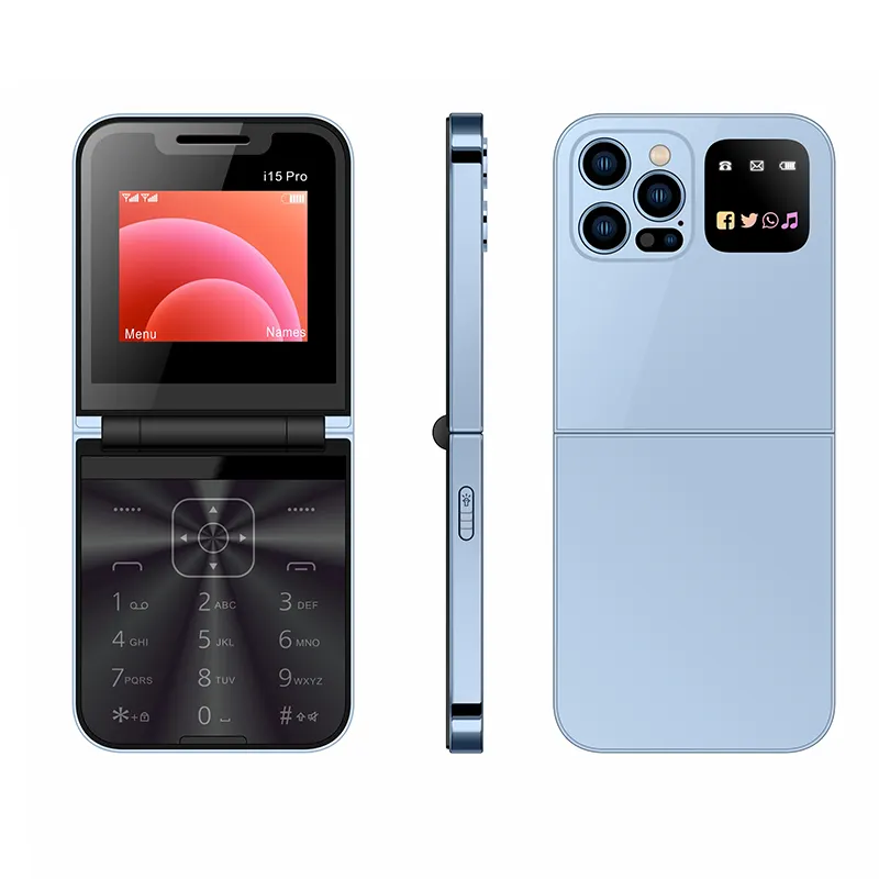 Téléphone portable i15 Pro 2.4 pouces double SIM débloqué 2G GSM de base téléphone pliable avec bouton