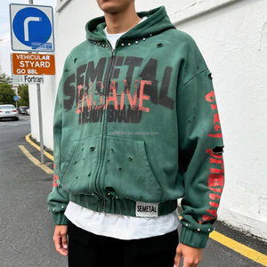 Sudadera con capucha Sun Faded French Terry personalizada 500gsm Spring Distressed Acid Wash Zipper Hoodie Oversized Rhinestone Zip up Hoodie - Product Image 2