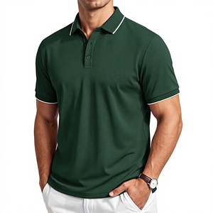 Polo à manches courtes pour homme, vert foncé, couleur unie, tricot piqué, décontracté, respirant, avec boutons - Product Image 1