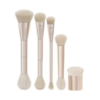 Set Kuas Makeup Profesional 5 Buah untuk Wajah, Kuas Mata Dua Sisi untuk Blending, Multi-Fungsi, Gagang Logam Nilon, Warna Rose Gold