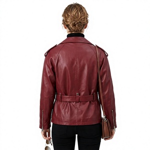 LEATHER TEX Red Biker Leather Jacket Autumn Knitted <b>Canvas</b> <b>Plain</b> Dyed Breathable Genuine Leather Windproof Waterproof Casual - Product Image 3