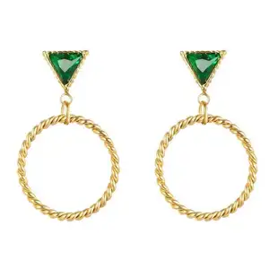 Fashion Emerald Triangular Diamond Twist Circle Pendant Earring Real 14K Gold Titanium Steel Earring