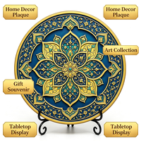 Assiette décorative en résine Mandala doré islamique, impression UV, motif floral arabesque personnalisé, ornement de bureau avec support, vente en gros OEM