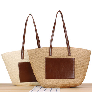 Promotional Women's Large Tote Handbag with Pu Leather Handle Paper Straw Summer Beach Bag
