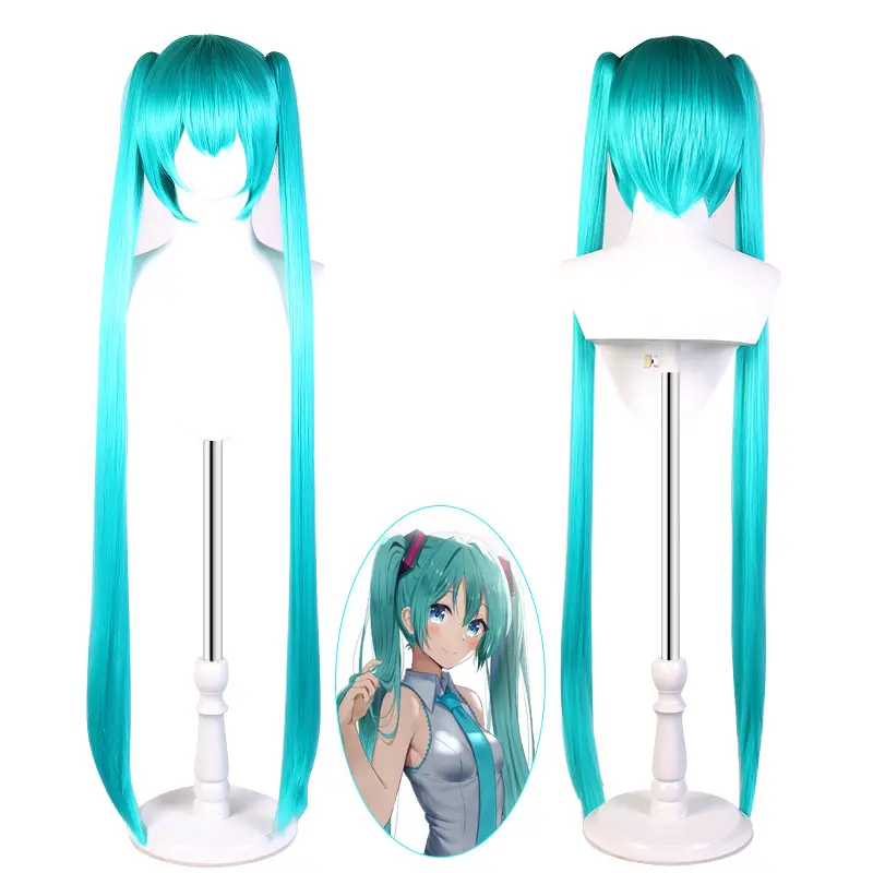 Wholesale 110cm Long Straight Lake Blue VocAloid Miku Wig Cosplay Synthetic Anime Halloween Party Peluca Two Ponytails Wigs