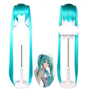 Venta al por mayor 110cm largo recto lago Azul VocAloid Miku peluca Cosplay sintético Anime Halloween fiesta Peluca dos coletas pelucas