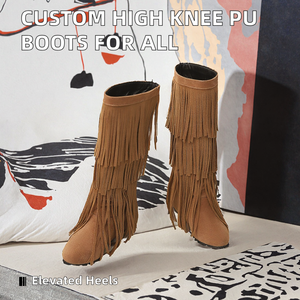 High Knee Western PU Boots <b>for</b> Women and <b>Men</b> Winter Custom <b>Heels</b> Tassel Low Shoes - Product Image 2