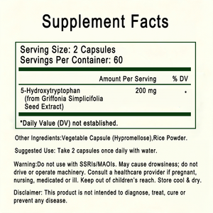 Capsules 5-HTP en marque privée OEM, 200 mg par portion, 120 capsules, extrait de graines de Griffonia Simplicifolia, 5-hydroxytryptophane - Product Image 2