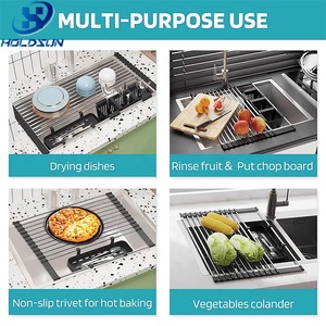 Escurridor de Platos Enrollable de Acero Inoxidable Resistente al Calor, Plegable, para Fregadero de <span class=keywords><strong>Cocina</strong></span>, con Cesta de Almacenamiento para Cucharas y Tenedores - Product Image 6