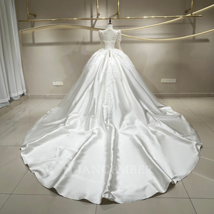 JFH88 Exquisite Satin V-Neck <b>Sequined</b> Crystal Chapel Train Modern Floral Lace Appliques Embroidery Floor-Length Wedding Ball - Product Image 2