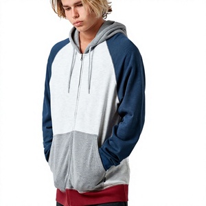 Men's Color Blocked <b>Hoodie</b> Fleece Zipper Up Regular Sleeve Autumn Hooded Sweatshirt Blue Grey White Red Trim - Product Image 3