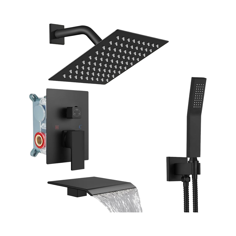 8-Inch Matte Black Thermostatic Faucet Rain Shower System with Brass Tub & Square Rainfall Head Soft Handheld Sprayer Waterfall