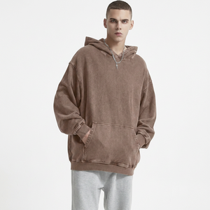<b>Men</b> Oversized Hooded Sweatshirt Solid Color <b>Washed</b> Cotton French Terry Pocket Regular Fit Autumn Style - Product Image 1