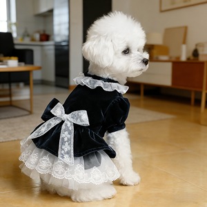 Pet Dog Clothes <b>Red</b> Velvet Princess Dress With Lace <b>Bow</b> Cute Design For Spring Autumn Wedding Outfit - Product Image 4