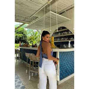 Combinaison moulante décontractée Indigo Rose à détails noués, style une pièce, imprimé ajouré carré, en tricot de nylon, pour le printemps et l'automne - Product Image 1