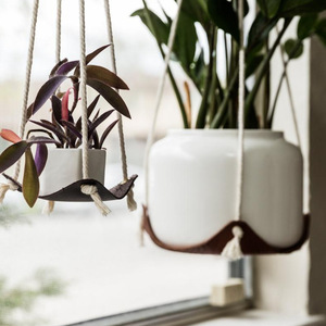 Leather planter hanging <b>basket</b> with mesh bag, hanging <b>basket</b> with rope, decorative potted <b>plants</b>, Bohemian style. - Product Image 3