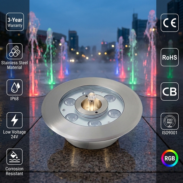 Professional IP68 SS LED Fountain Ring Light RGB Submersible Lamp with Center Hole for Waterfall Dry Deck Jet 12V/24V