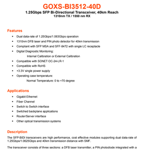 GOXS BI3512 40D 1.25G SFP BiDi Optical Transceiver Module 1310TX 1550RX 40KM Single Mode Fiber DDM LC Connector - Product Image 2