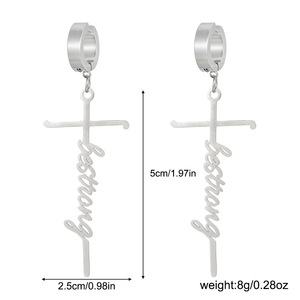 Boucles d'oreilles à clip en forme de croix en acier inoxydable avec lettres anglaises pour oreilles non percées, bijoux à la mode - Product Image 4