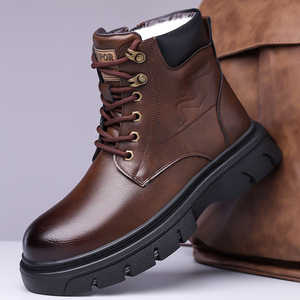 Bottes Martin pour hommes, bottes de travail chaudes d'hiver, bout rond, cuir, doublure en fourrure, semelle en caoutchouc isolante - Product Image 1