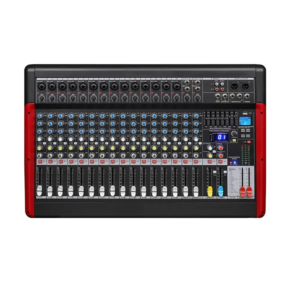 Professional 14 mono+2 stereo 16 channel DSP 3 band EQ Analog Audio Mixer with 48V phamton power supply