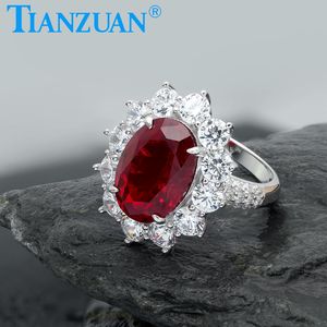 Anillo de Plata de Ley 925 con Piedra Principal de Rubí Rojo Sangre de Pichón Ovalado de 10x14 mm y Moissanita Redonda Blanca para Joyería de Mujeres y Niñas - Product Image 5