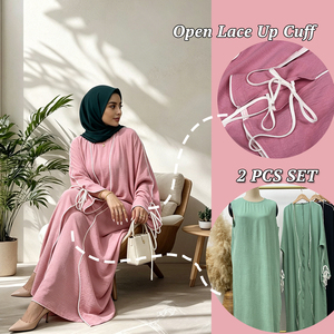1446+6595 #    Nouvel ensemble populaire 2 pièces : Abaya en crêpe à manches fendues et lacées avec ligne blanche, et robe intérieure ample sans manches assortie - Product Image 1
