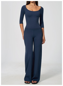 Ensemble tricoté 2 pièces bleu marine pour femme, haut sans manches et pantalon large, décontracté, printemps/été, coupe régulière, rayé, respirant - Product Image 2